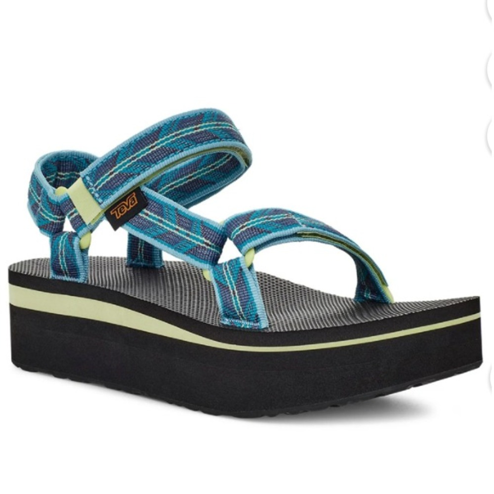 Teva Flatform Textured Ankle Strap Platform Sandal Blue Yellow Women 8 UK 6 EU39